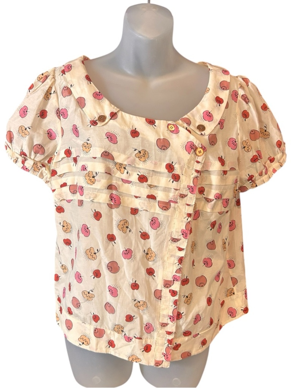 leifsdottir by Anthropologie Cream Blouse with Pink and Red Apple Print